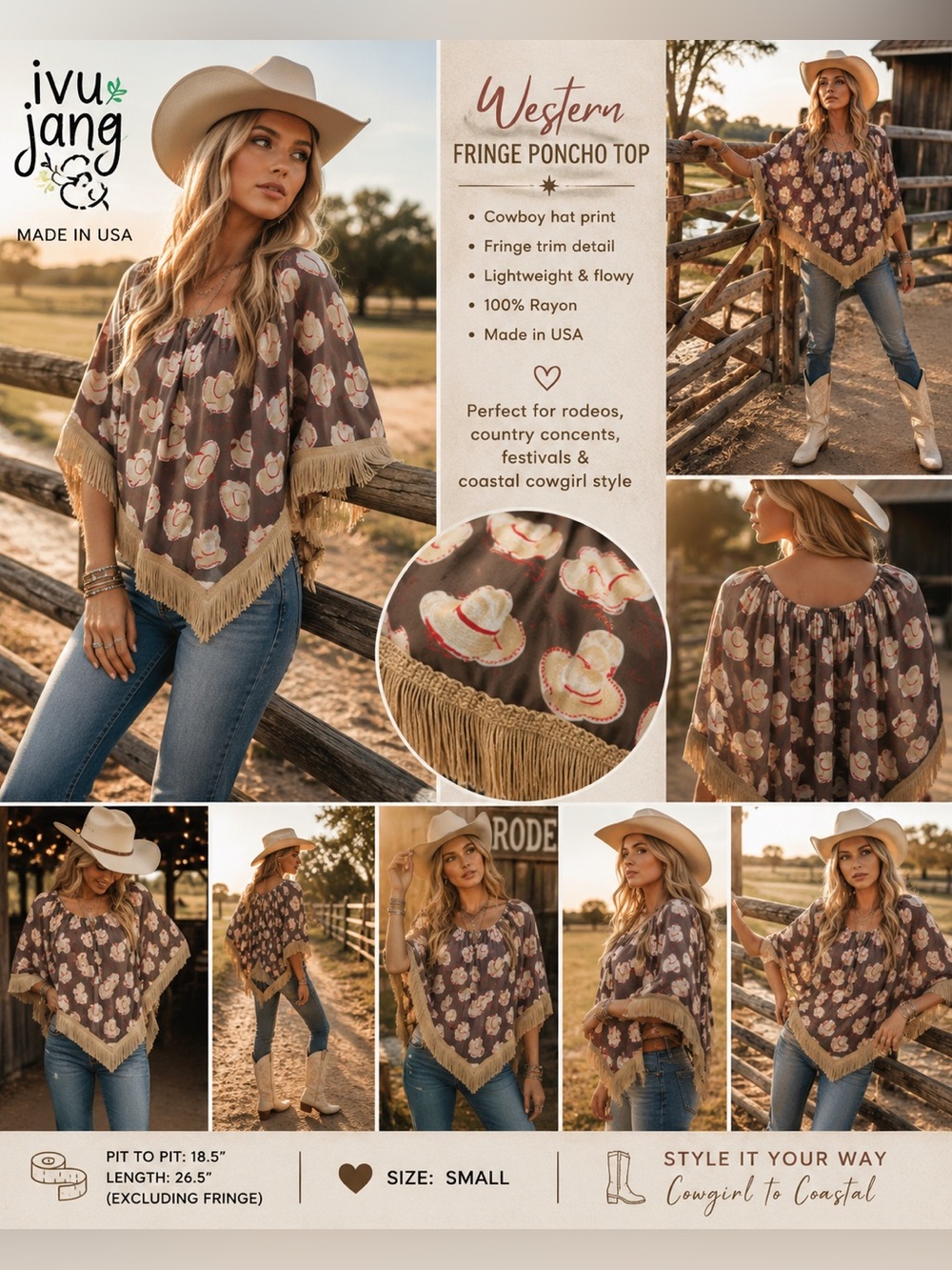 Ivy Jane Western Cowboy Hat Fringe Poncho Top Small